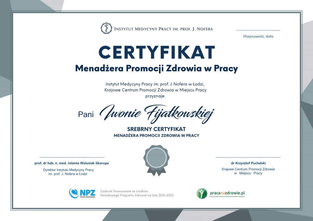 , Pierwszy Srebrny Certyfikat Menadżera Promocji Zdrowia wręczony